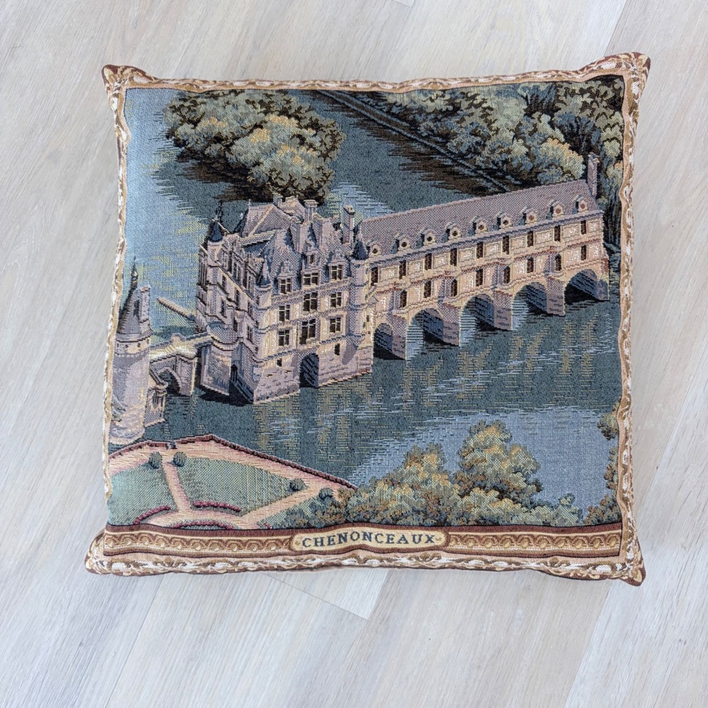 VNTG Chenonceaux France Chateau Tapestry Throw Pillow Woven Castle Decor 16x16